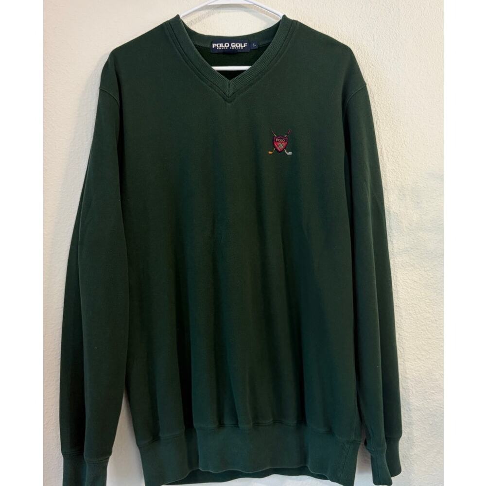 Polo Golf Ralph Lauren V-Neck Sweatshirt Green Crest Logo Pullover Men's Large